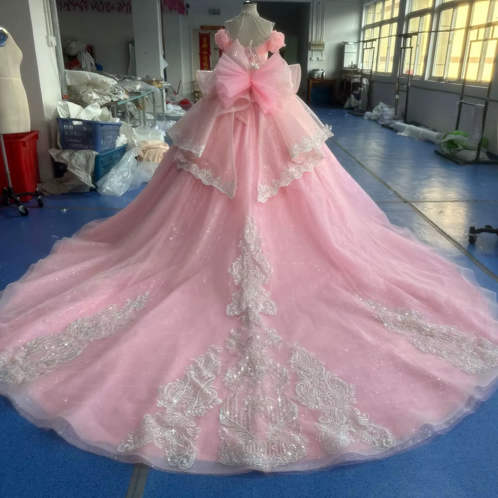 TW267 Evening Gowns Sweetheart Off Shoulder Lace Up Back Evening Dress Bow Sequined Embroidery Beading Pink Long Dress Customized