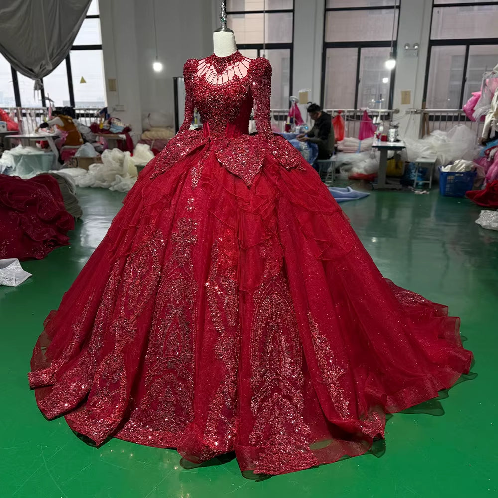 TW256 Evening Dresses Luxury Party Long Sleeve High Keyhole Back Crystal Embroidery Beading Red Long Dresses For Special Occasions