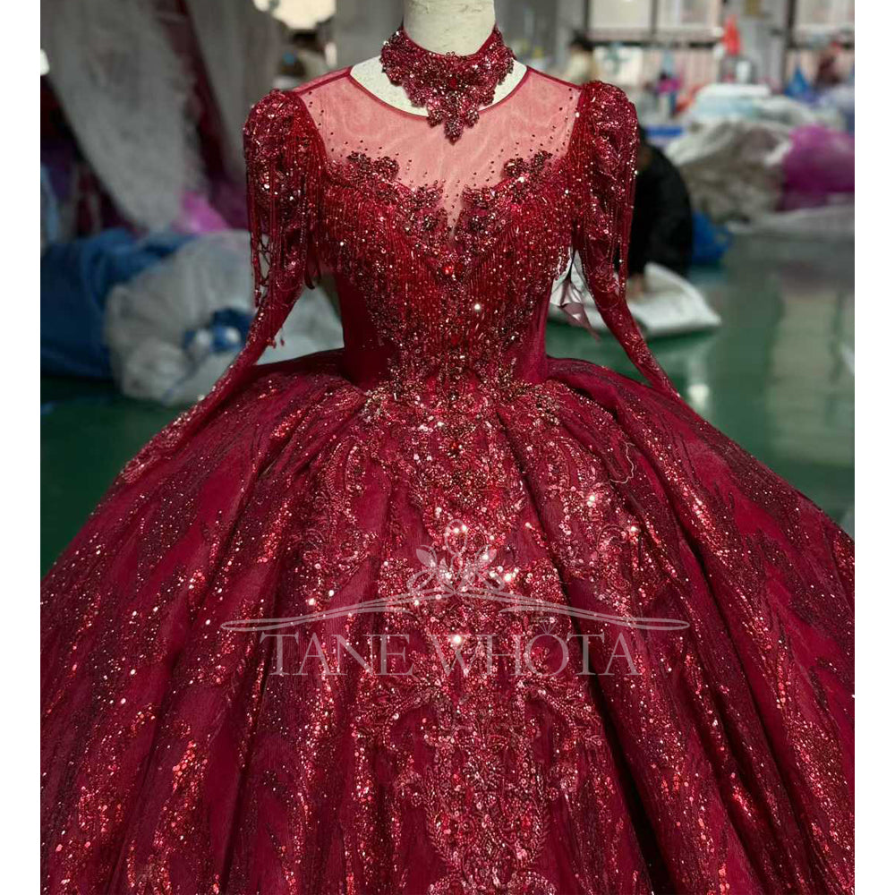 TW714 Customizable Red Evening Dress O-Neck Detachable Sleeve Lace Up Keyhole Back Crystal Beading Sequined Embroidery