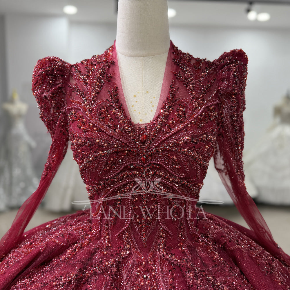 TW648 Customizable V-Neck Long Sleeve Partykleider Crystal Beading Sequined Embroidery Red Evening Gown For Women