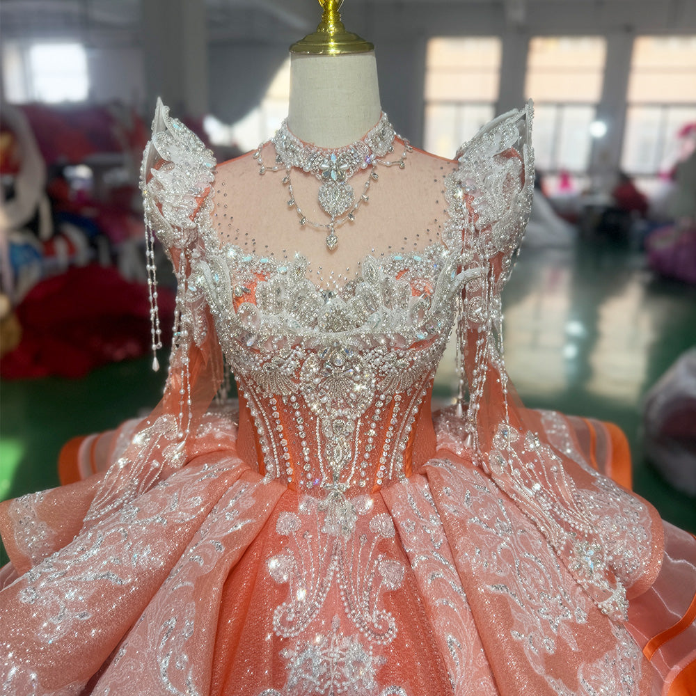 TW022 Luxury Customizable Evening Gown 2025 High Long Sleeve Lace-Up Keyhole Back Beaded Sequined Embrodiery For Formal Occasions