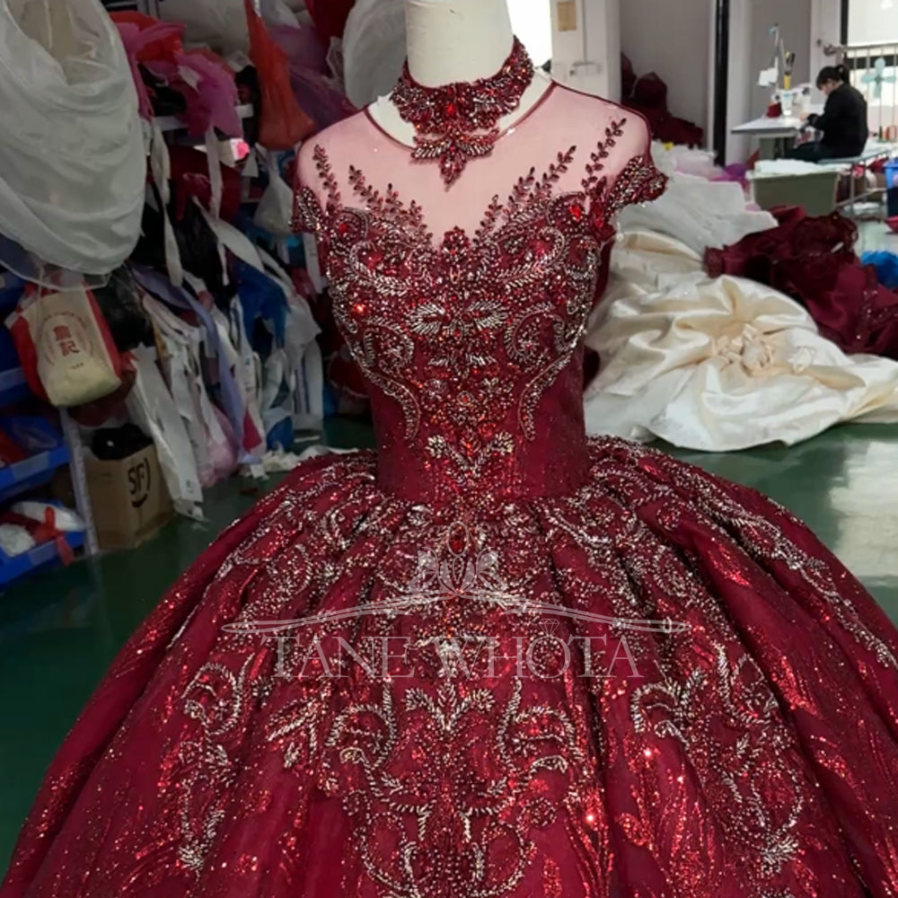 TW712 Red Evening Dress O-Neck Cap Sleeve Lace-Up Keyhole Back Beaded Crystal Sequined Embroidered Customizable Gown