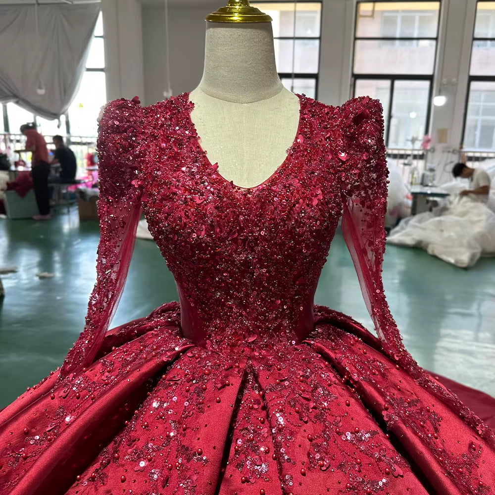 TW258 Luxurious Evening Dresses V-Neck Long Sleeve Lace Up Keyhole Back Crystal Embroidery Beaded Red Long Dresses Customized