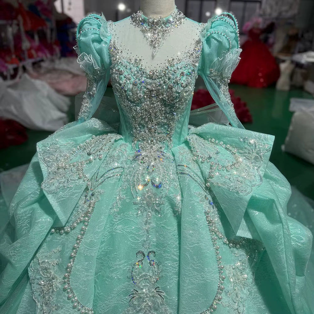 TW250 Turquoise Robe De Soirée Luxury High Long Sleeve Crystal Embroidery Beaded Keyhole Back Green Long Dresses For Special Occasions