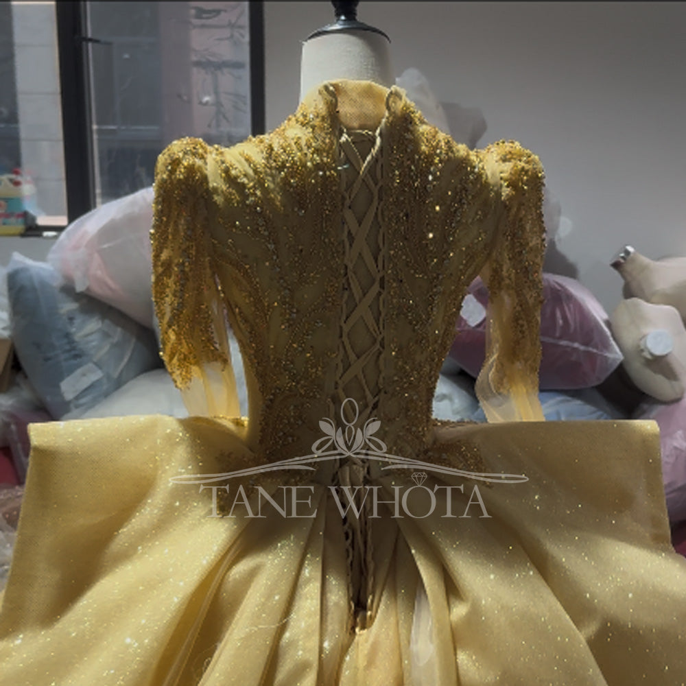 TW506 Elegant V-Neck Evening Dress 2025 Long Sleeve Lace-Up Back Sequined Beading Yellow Ball Gown For Women Party Wear