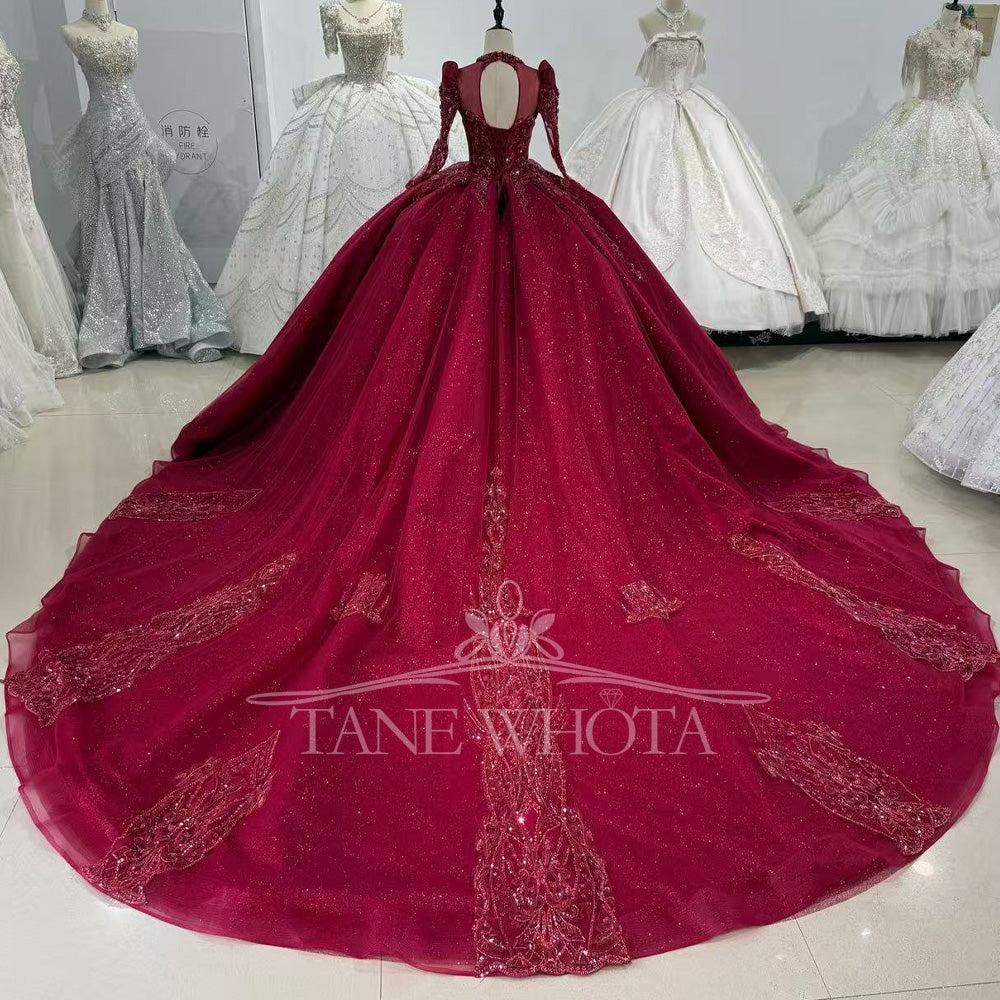 TW589 Customizable Red Evening Dress Long Sleeve Lace-Up Keyhole Back Beaded Crystal Embroidery High Quality Women's Formal Gown
