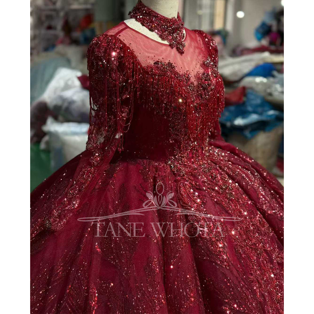 TW714 Customizable Red Evening Dress O-Neck Detachable Sleeve Lace Up Keyhole Back Crystal Beading Sequined Embroidery