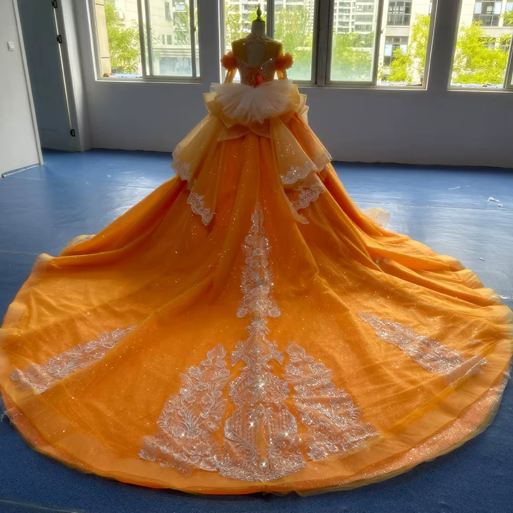 TW259 Luxury Evening Dress High Long Sleeve Lace Up Keyhole Back Crystal Embroidery Beaded Orange Long Dresses For Special Occasions