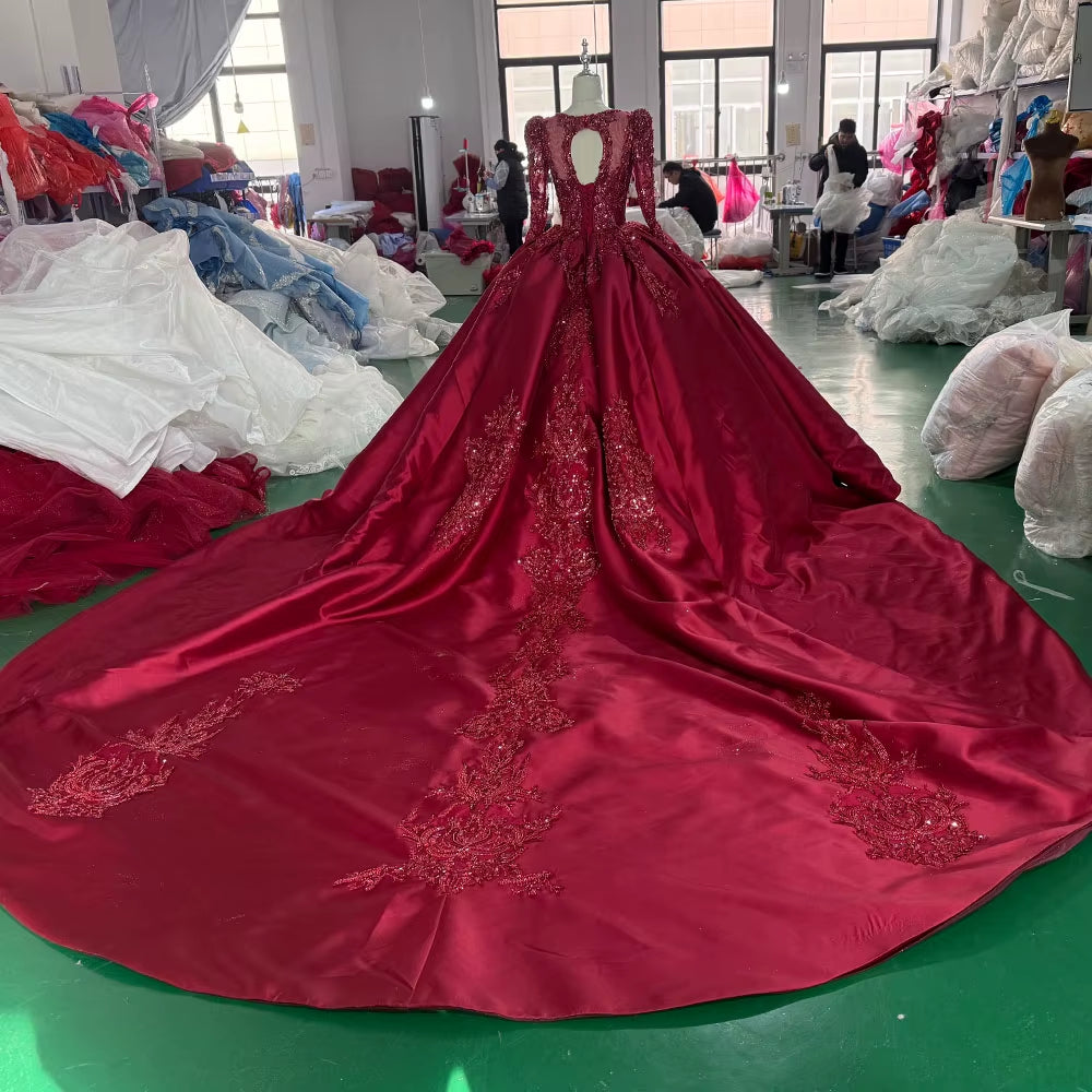 TW255 Women's Evening Dress Long Sleeve O-Neck Lace Up Keyhole Back Crystal Embroidery Beaded Red Long Dresses For Special Occasions