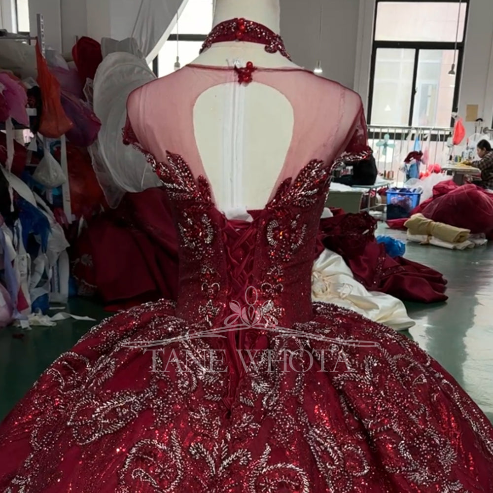 TW712 Red Evening Dress O-Neck Cap Sleeve Lace-Up Keyhole Back Beaded Crystal Sequined Embroidered Customizable Gown