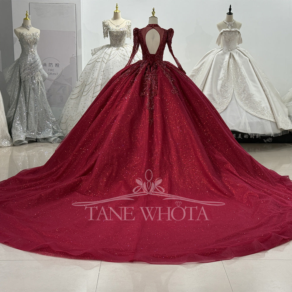 TW648 Customizable V-Neck Long Sleeve Partykleider Crystal Beading Sequined Embroidery Red Evening Gown For Women