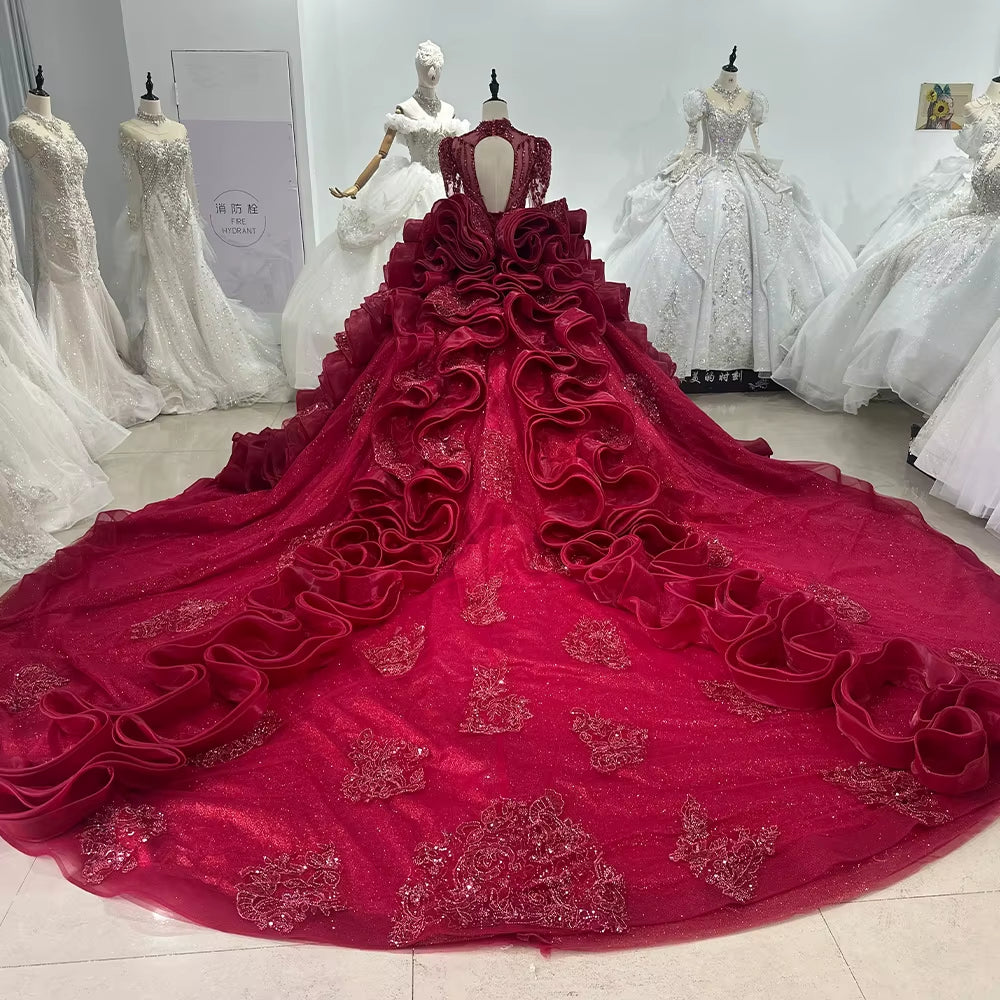 TW248 Luxury Evening Dresses 2025 High Long Sleeve Crystal Embroidery Beaded Keyhole Back Ruffles Red Long Dresses