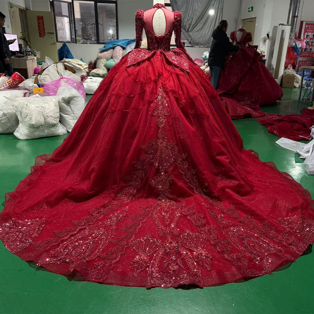 TW256 Evening Dresses Luxury Party Long Sleeve High Keyhole Back Crystal Embroidery Beading Red Long Dresses For Special Occasions