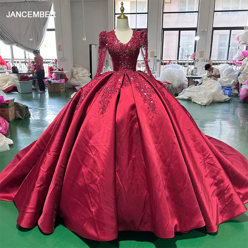 TW258 Luxurious Evening Dresses V-Neck Long Sleeve Lace Up Keyhole Back Crystal Embroidery Beaded Red Long Dresses Customized