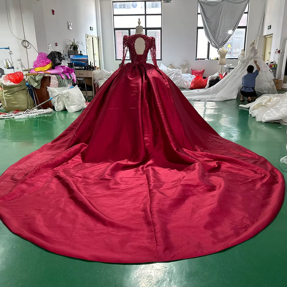 TW258 Luxurious Evening Dresses V-Neck Long Sleeve Lace Up Keyhole Back Crystal Embroidery Beaded Red Long Dresses Customized