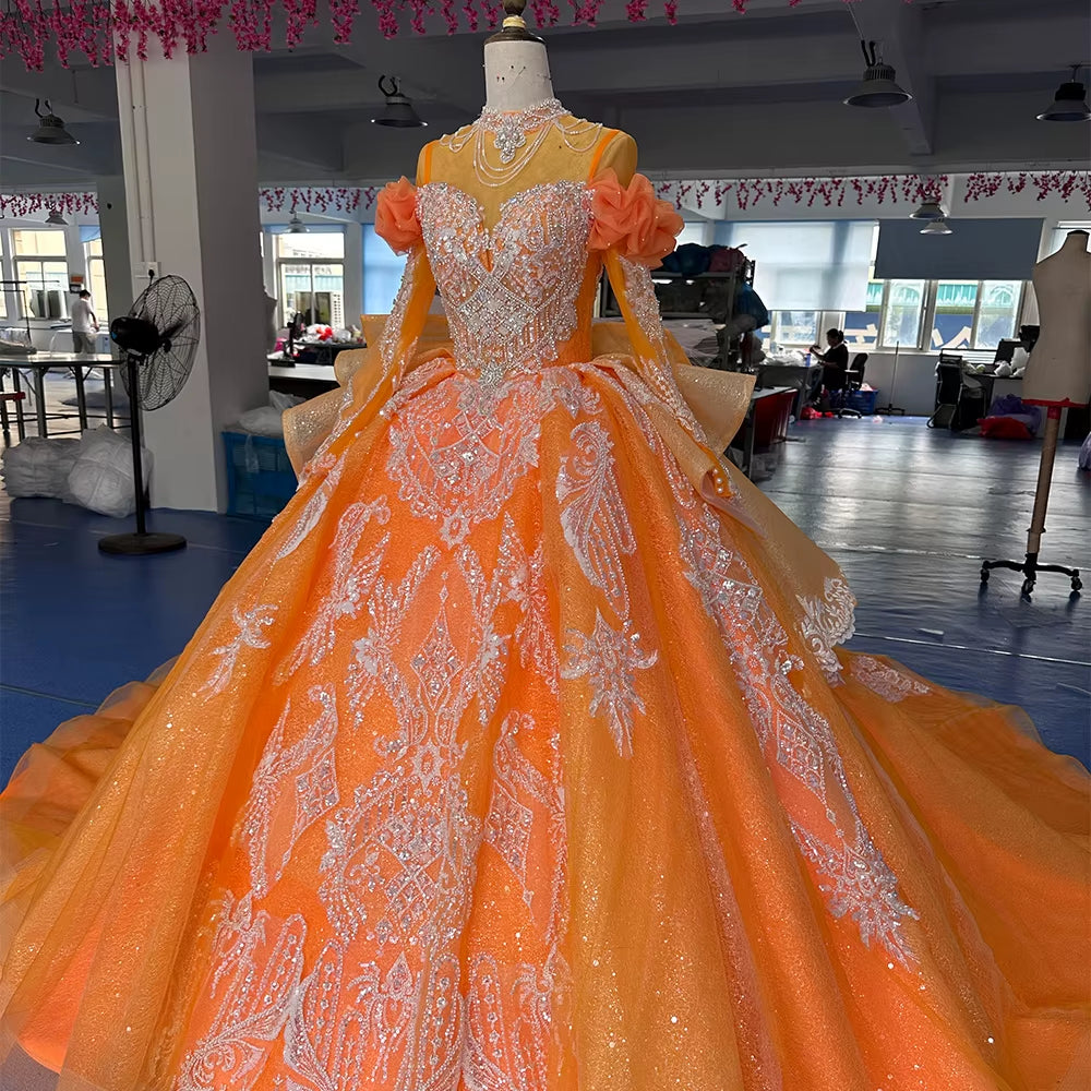 TW259 Luxury Evening Dress High Long Sleeve Lace Up Keyhole Back Crystal Embroidery Beaded Orange Long Dresses For Special Occasions