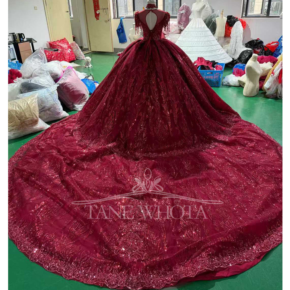TW714 Customizable Red Evening Dress O-Neck Detachable Sleeve Lace Up Keyhole Back Crystal Beading Sequined Embroidery
