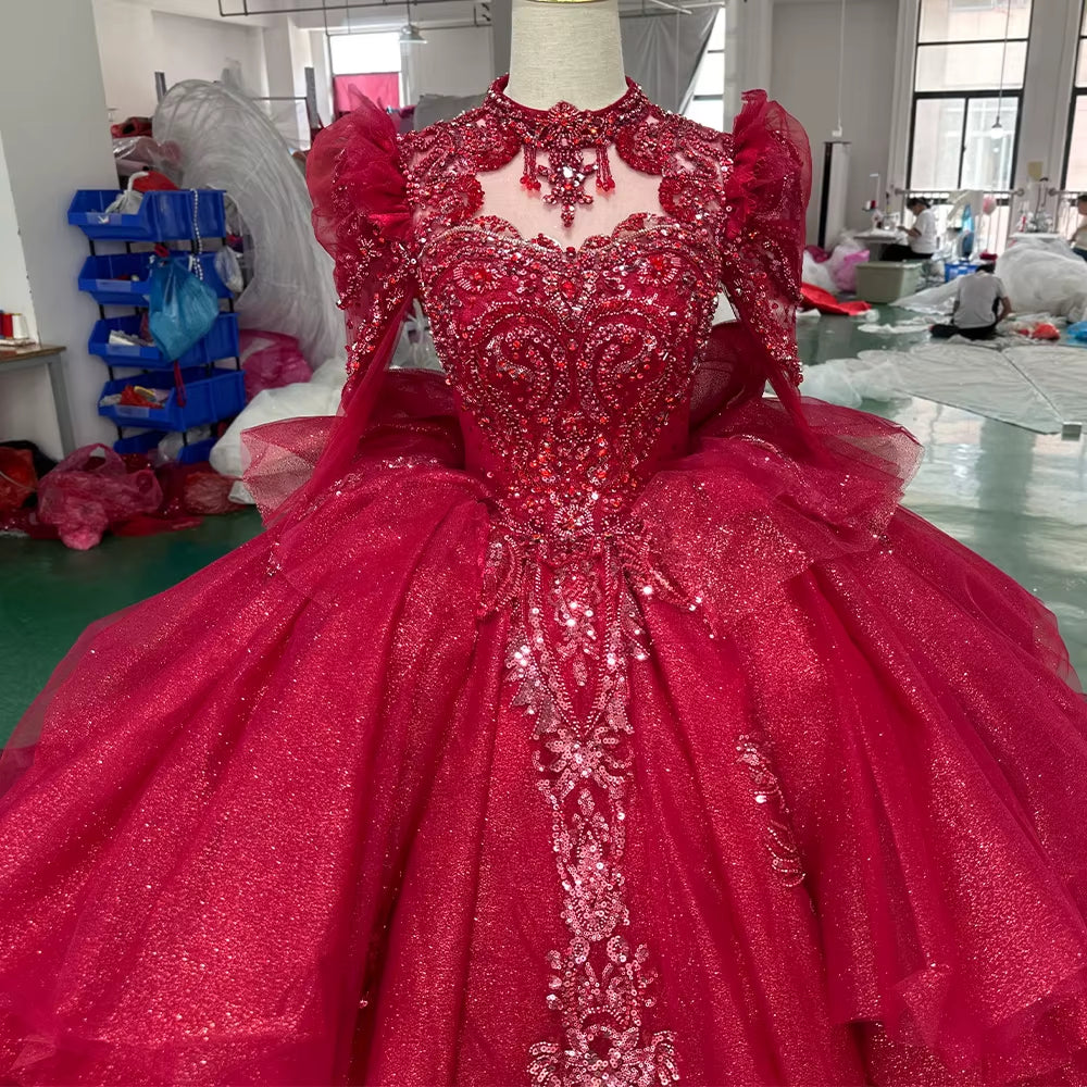 TW260 Red Bespoke Occasion Dresses High Long Sleeve Lace Up Keyhole Back Evening Dresses Bow Crystal Embroidery Beaded Red Long Dresses