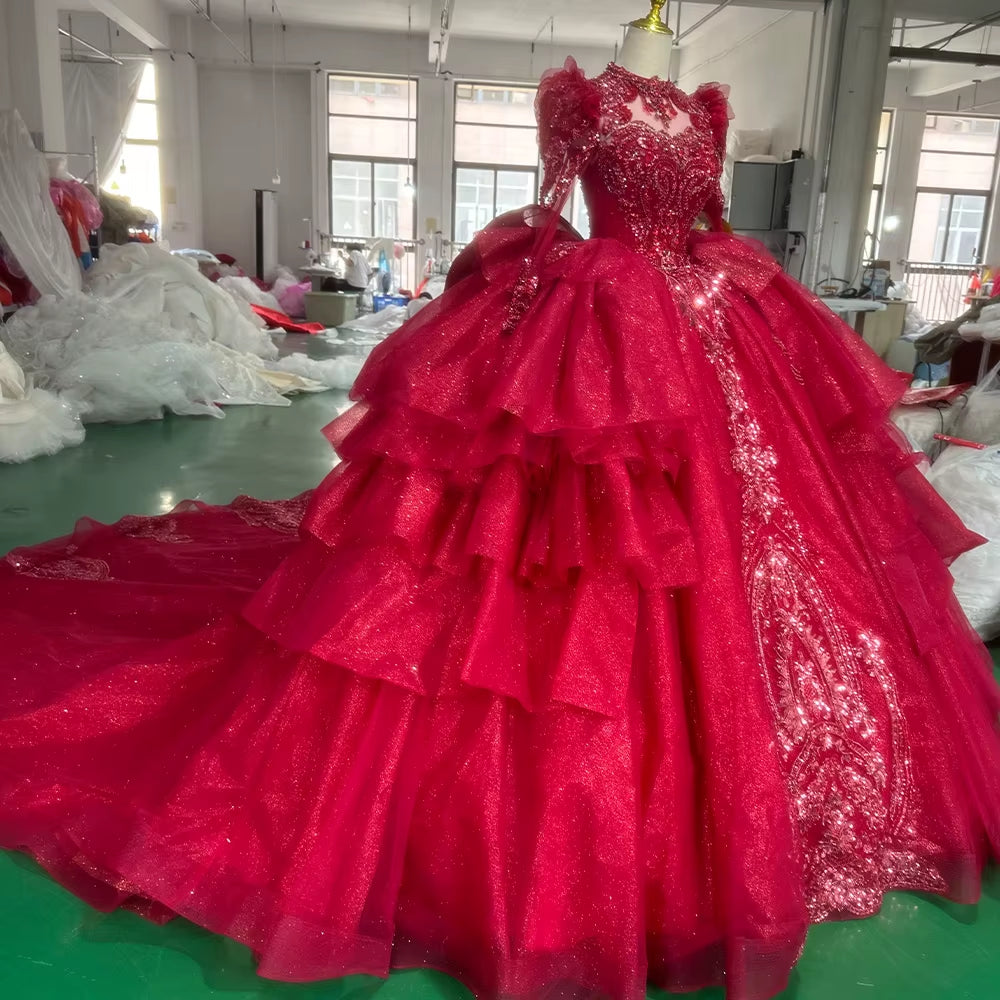 TW260 Red Bespoke Occasion Dresses High Long Sleeve Lace Up Keyhole Back Evening Dresses Bow Crystal Embroidery Beaded Red Long Dresses