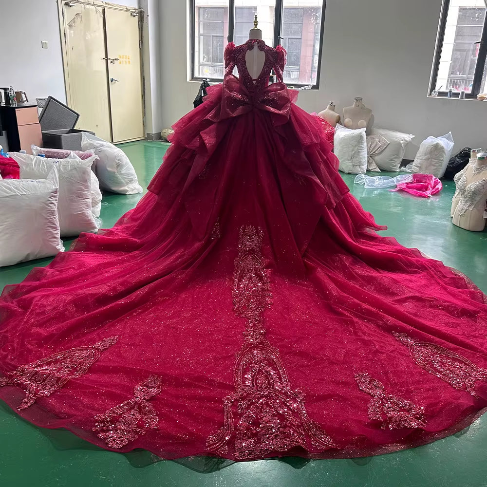 TW260 Red Bespoke Occasion Dresses High Long Sleeve Lace Up Keyhole Back Evening Dresses Bow Crystal Embroidery Beaded Red Long Dresses