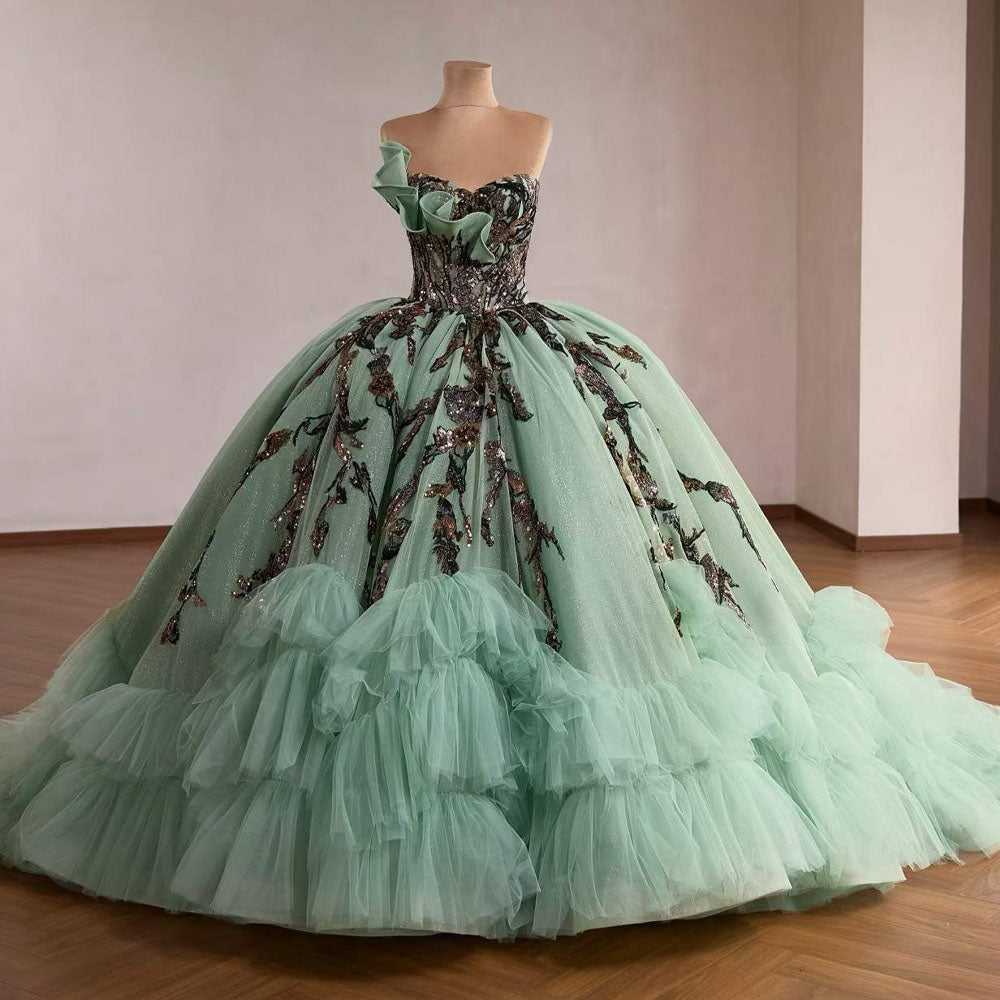 TW1120 Green Quinceanera Dress Sweetheart Sleeveless Lace-Up Back Sequined Princess Style For Women