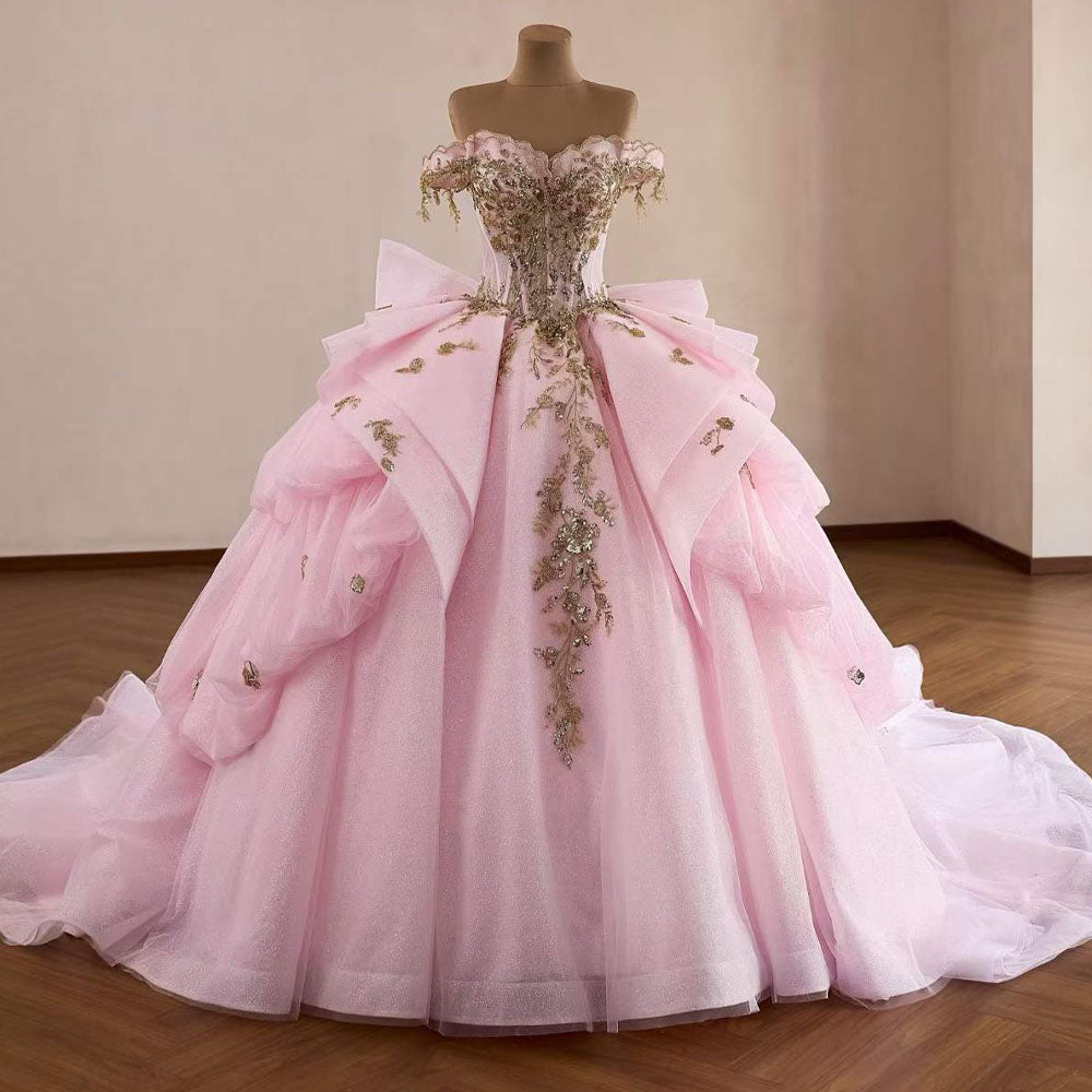 TW1082 Gorgeous Pink Quinceanera Dress Sweetheart Off The Shoulder Lace Up Back Sequined Beading Bow Vestido De 15