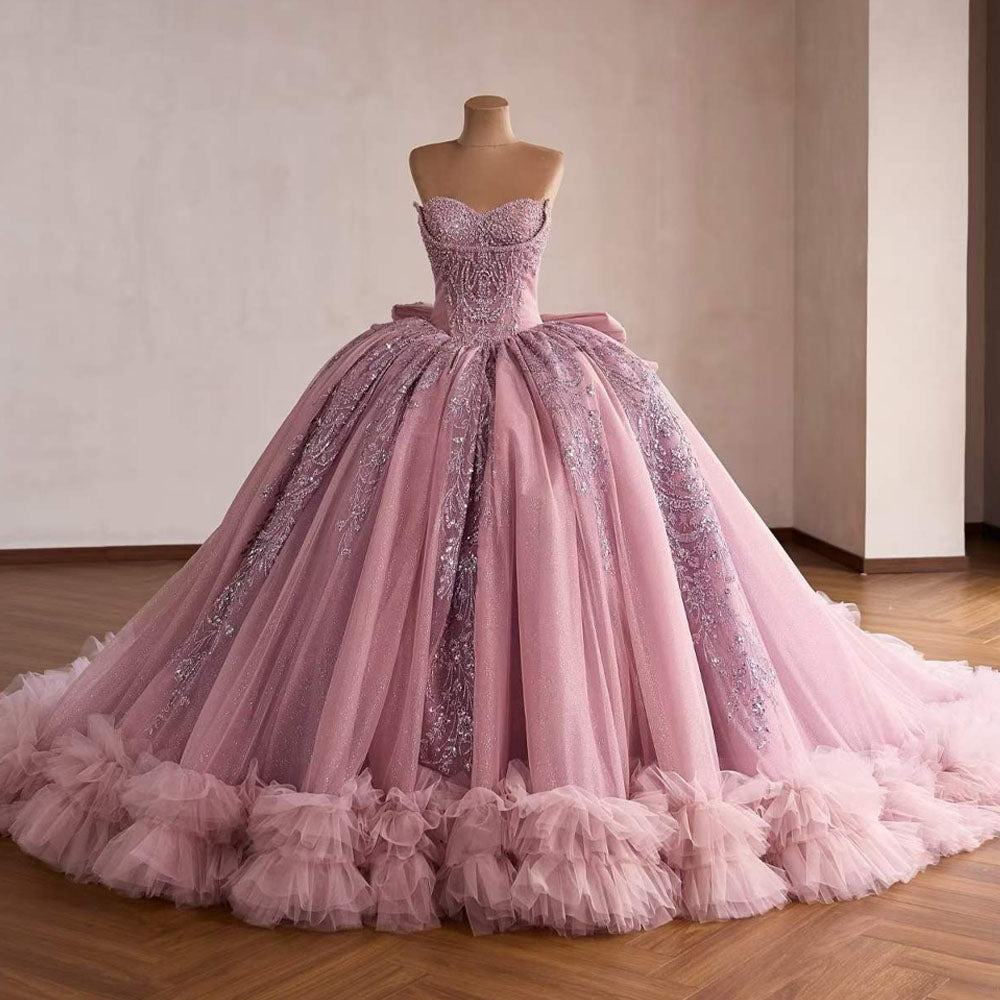 TW1091 2026 Gorgeous Pink Quinceanera Dress Sweetheart Sleeveless Lace Up Back Sequined Bow Vestido De 15