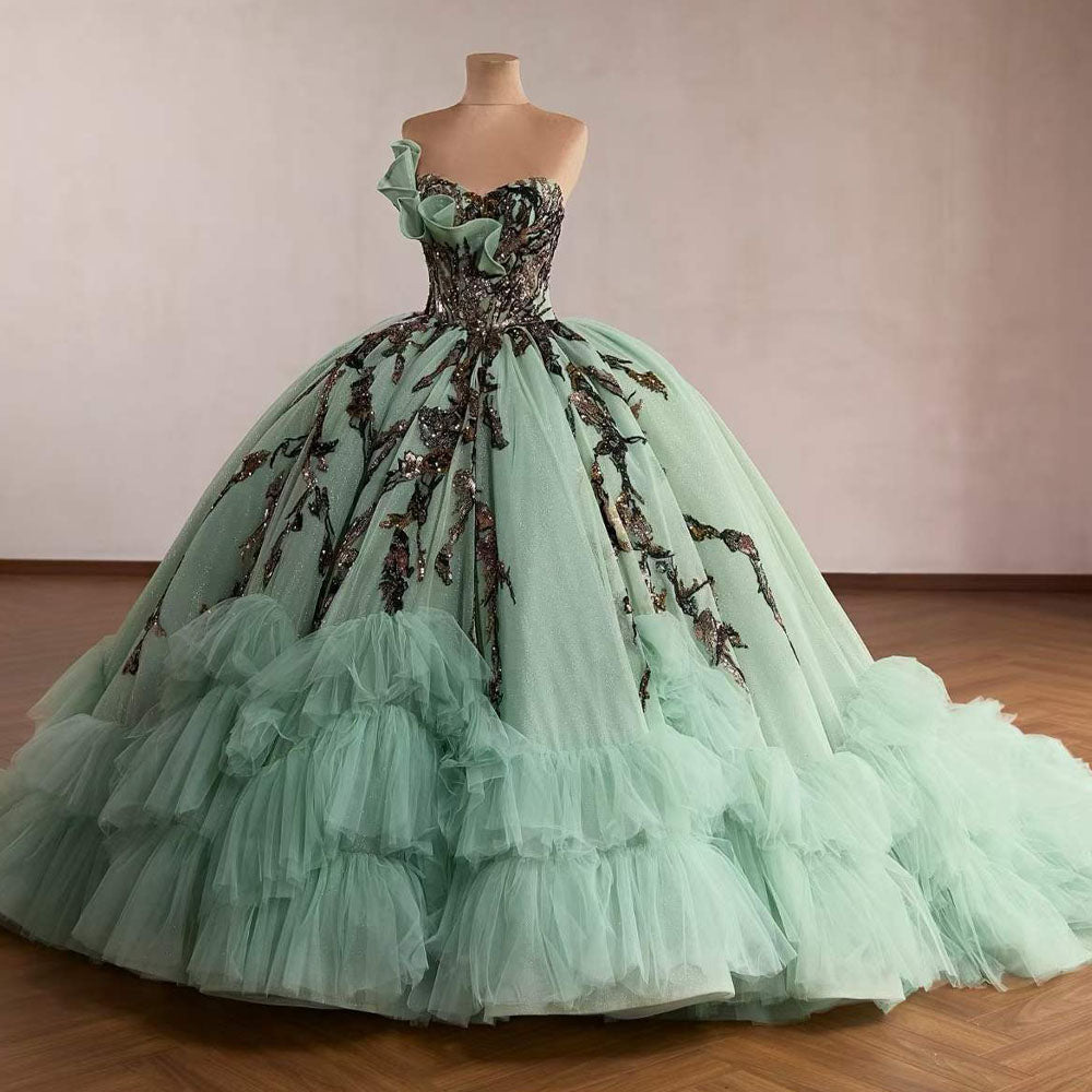 TW1120 Green Quinceanera Dress Sweetheart Sleeveless Lace-Up Back Sequined Princess Style For Women