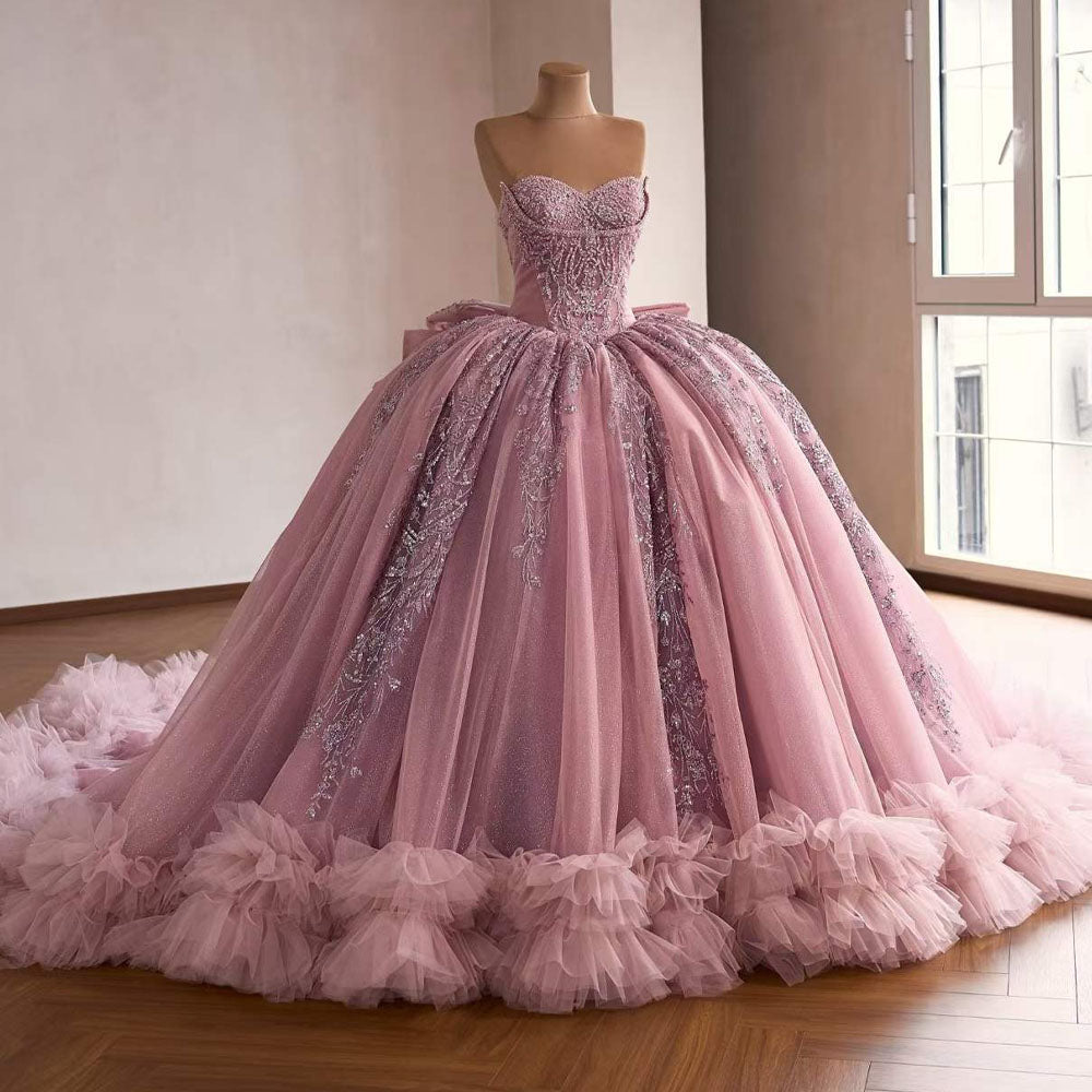 TW1091 2026 Gorgeous Pink Quinceanera Dress Sweetheart Sleeveless Lace Up Back Sequined Bow Vestido De 15