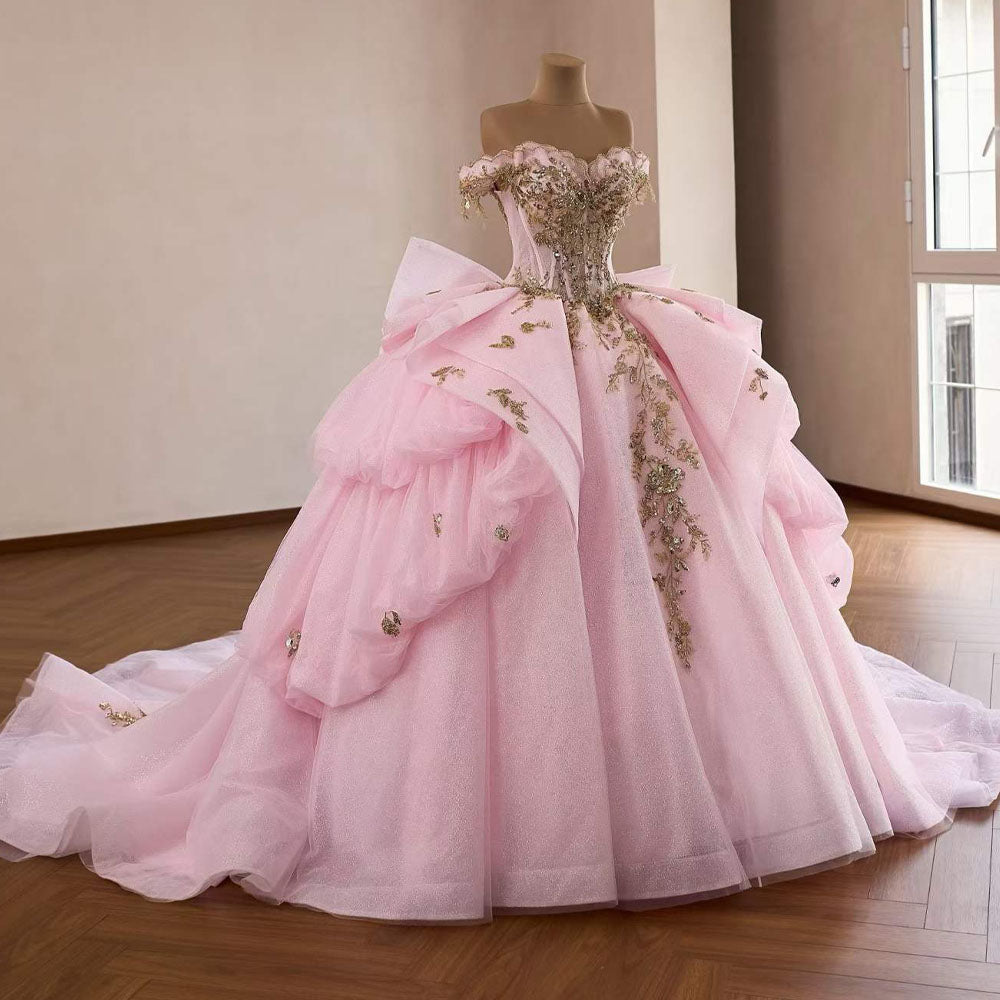 TW1082 Gorgeous Pink Quinceanera Dress Sweetheart Off The Shoulder Lace Up Back Sequined Beading Bow Vestido De 15