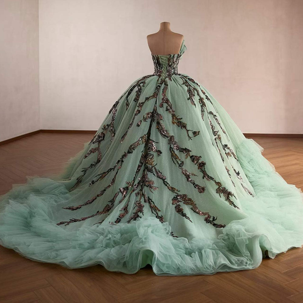 TW1120 Green Quinceanera Dress Sweetheart Sleeveless Lace-Up Back Sequined Princess Style For Women