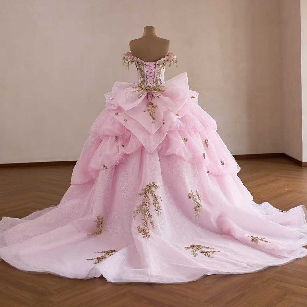 TW1082 Gorgeous Pink Quinceanera Dress Sweetheart Off The Shoulder Lace Up Back Sequined Beading Bow Vestido De 15