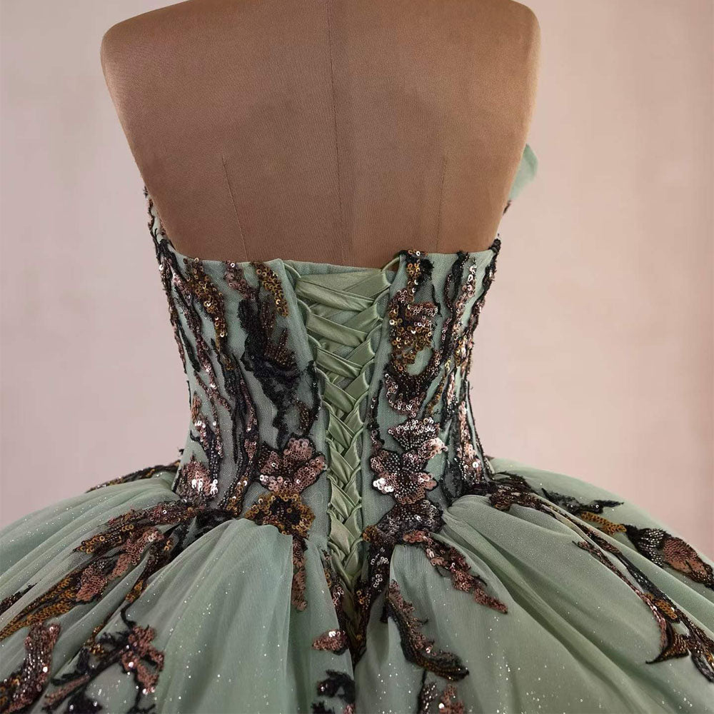 TW1120 Green Quinceanera Dress Sweetheart Sleeveless Lace-Up Back Sequined Princess Style For Women