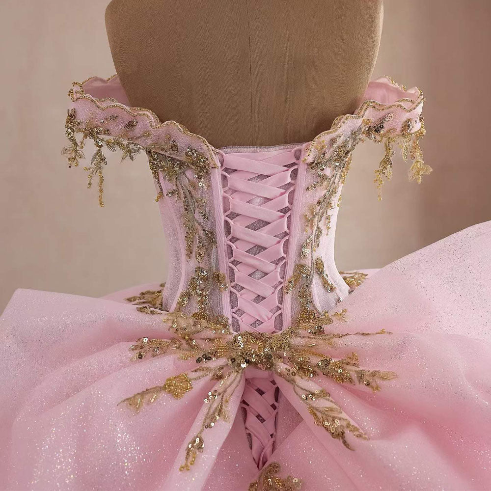 TW1082 Gorgeous Pink Quinceanera Dress Sweetheart Off The Shoulder Lace Up Back Sequined Beading Bow Vestido De 15