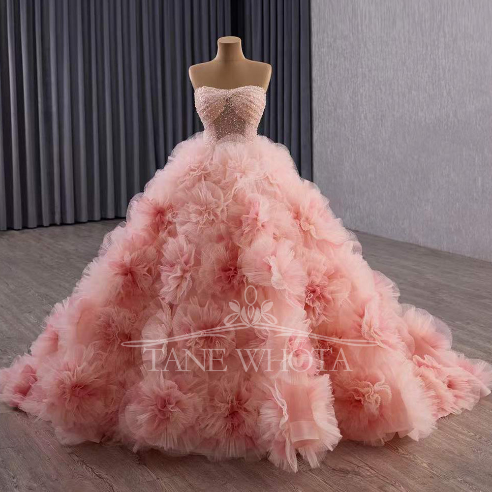 TW568 Customizable Strapless Pink Quinceañeras Prom Gown Lace-Up Back Sequined 3D Flower Crystal Vestidos De 15