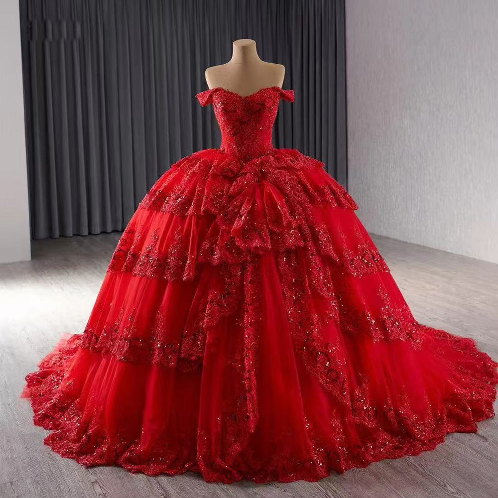 TW124 Vestidos Quinceañeras Estilo Princesa Off Shoulder Sweetheart Lace Beading Lace Up Back Red Long Dress For Special Occasions