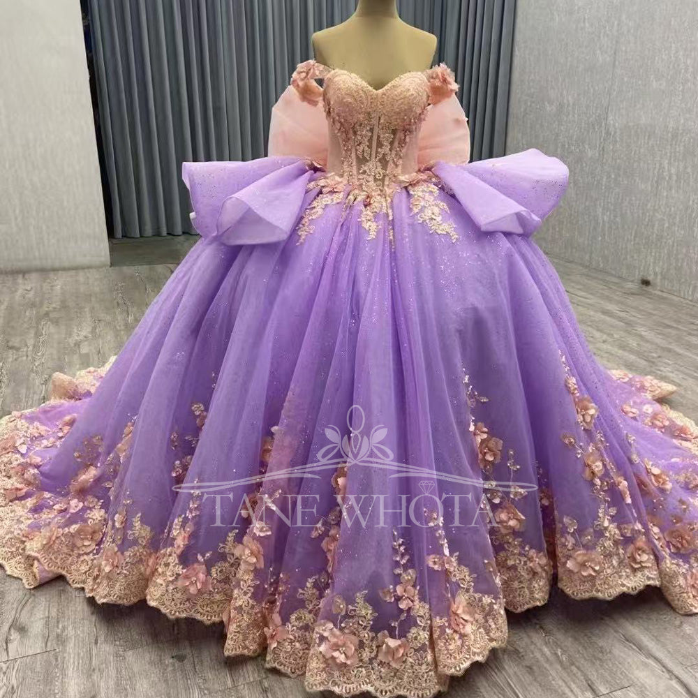 TW445 Girls 15 Quinceanera Ball Gown Dress Pink Purple Sweetheart Off-Shoulder Lace-Up Back Embroidered Beaded Sequined Appliques