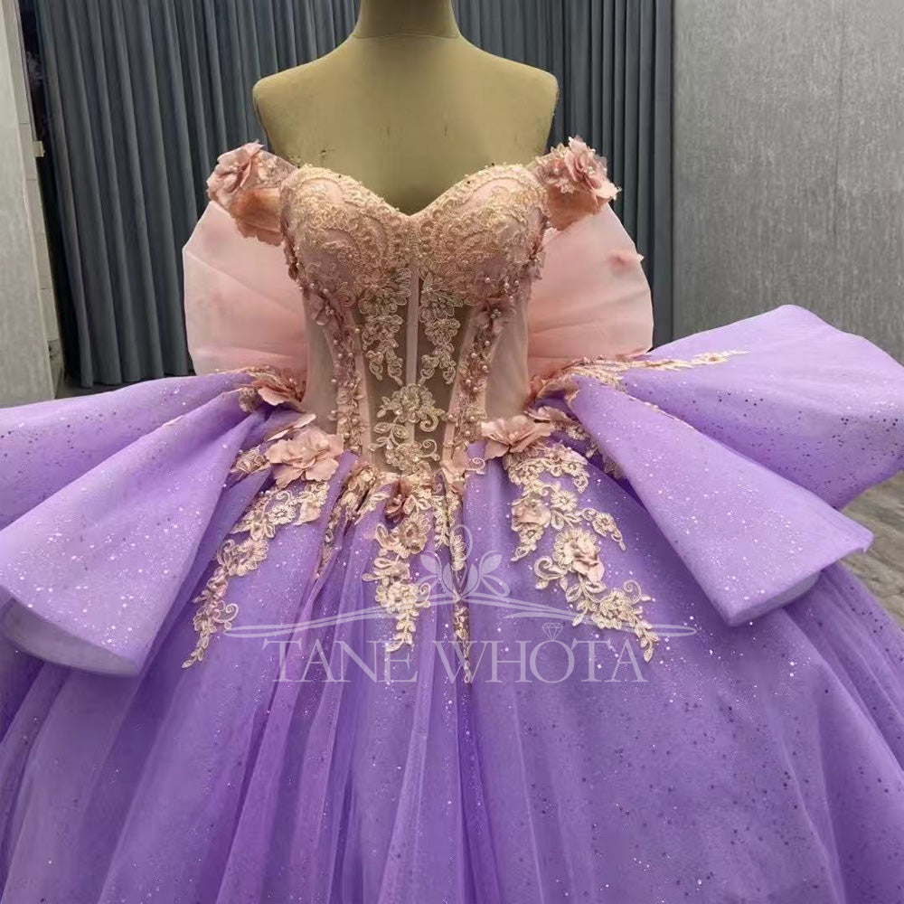TW445 Girls 15 Quinceanera Ball Gown Dress Pink Purple Sweetheart Off-Shoulder Lace-Up Back Embroidered Beaded Sequined Appliques