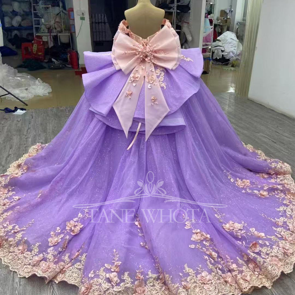 TW445 Girls 15 Quinceanera Ball Gown Dress Pink Purple Sweetheart Off-Shoulder Lace-Up Back Embroidered Beaded Sequined Appliques