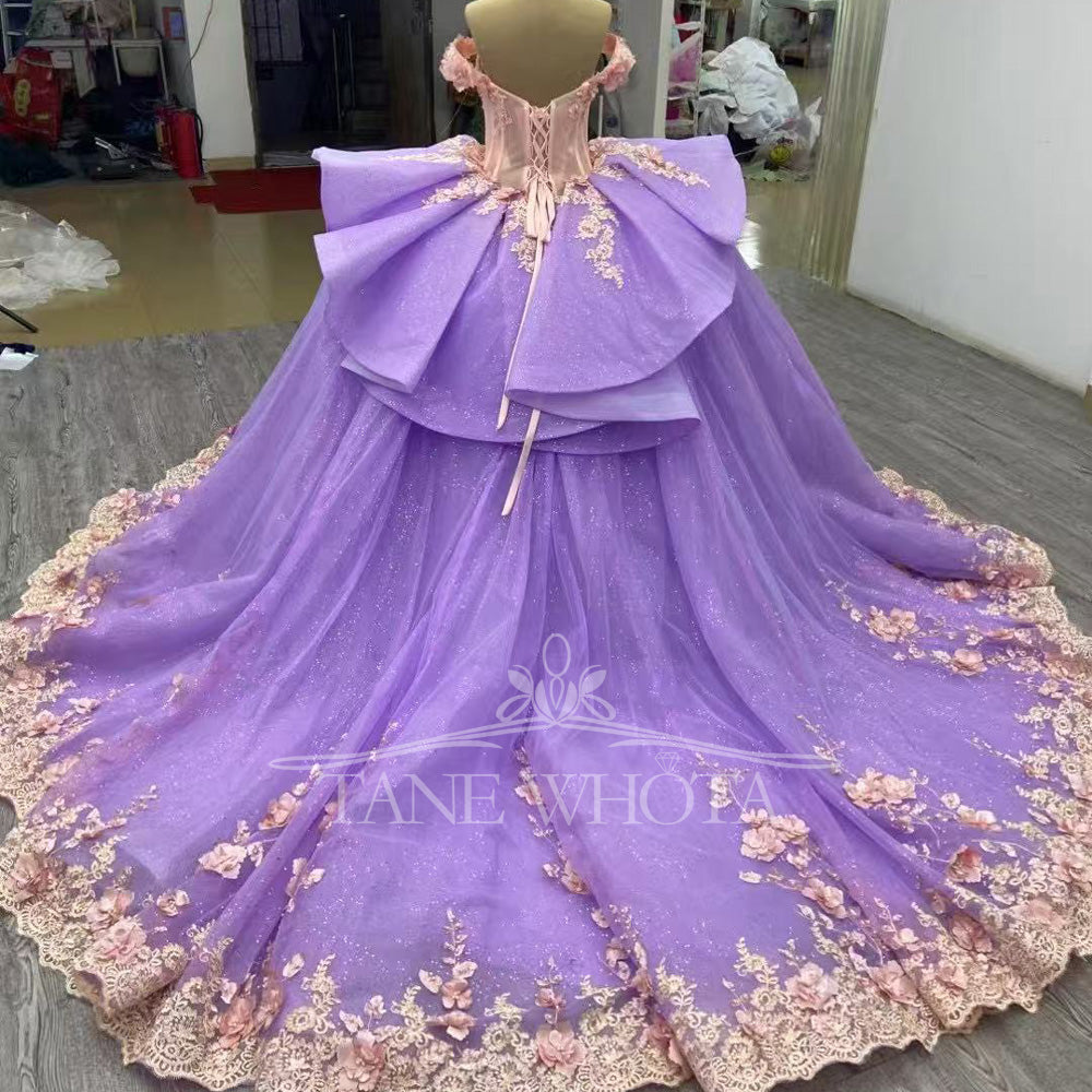 TW445 Girls 15 Quinceanera Ball Gown Dress Pink Purple Sweetheart Off-Shoulder Lace-Up Back Embroidered Beaded Sequined Appliques