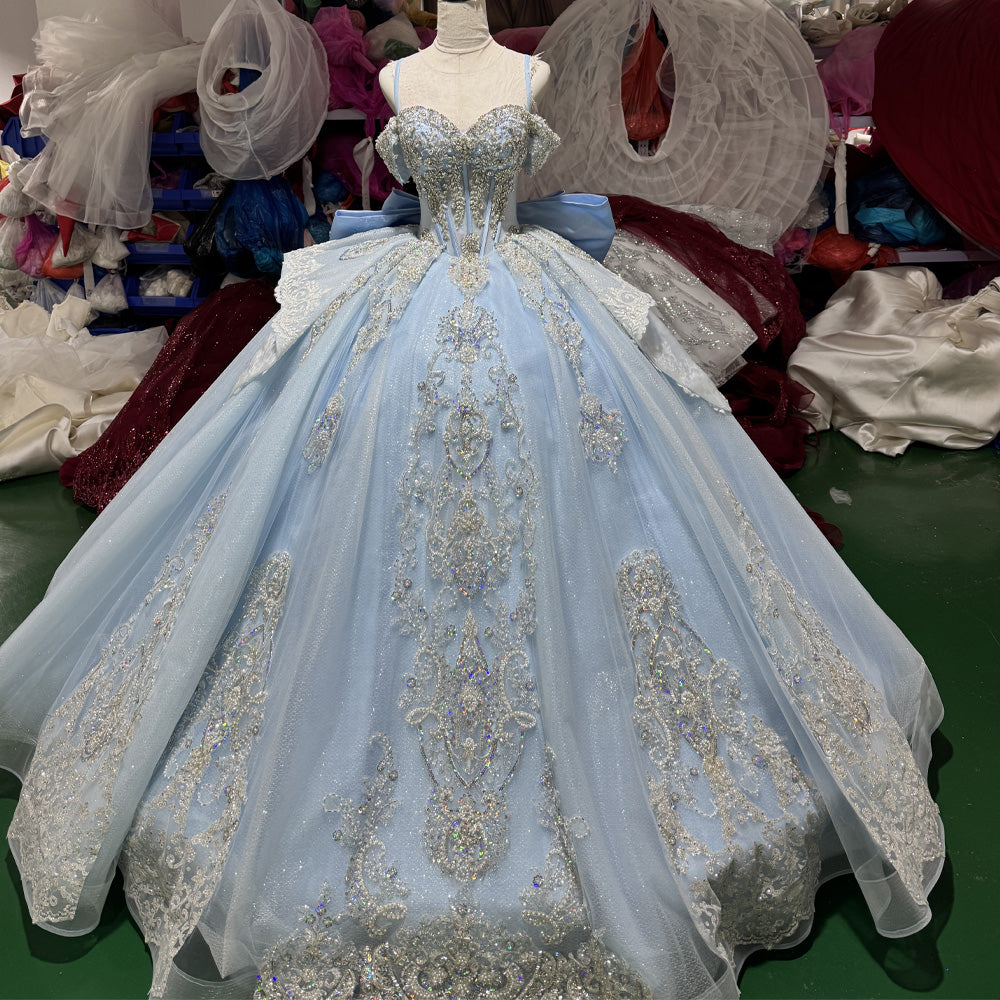 TW971 Luxury Sweetheart Off-The-Shoulder Quinceañera Dress With Lace-Up Back Bow Crystal Sequins Long Gown Customizable