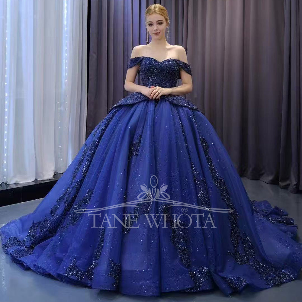 TW557 Customizable Blue Off-Shoulder Sweetheart Quinceañera Dress Lace-Up Back Beaded Sequined Embroidery 15th Birthday Prom Gown