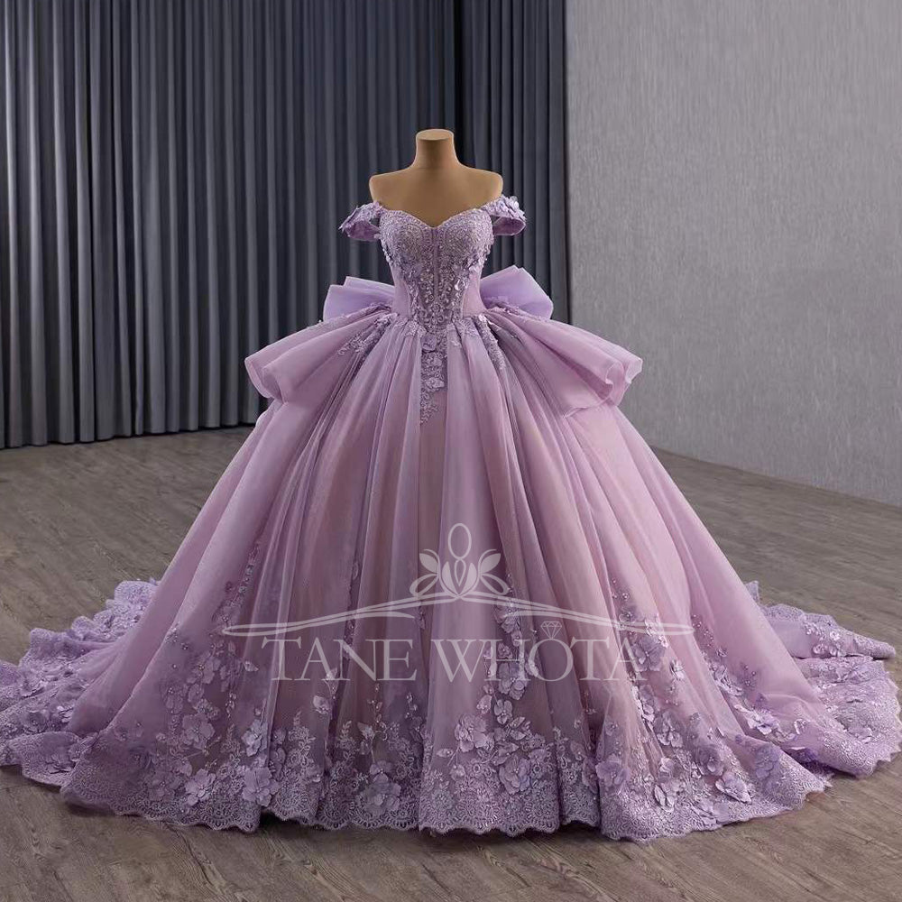TW559 Purple Princess Dress For 15 Quinceanera Sweetheart Off-Shoulder Lace-Up Back Bow Beading Appliques Crystal Detail