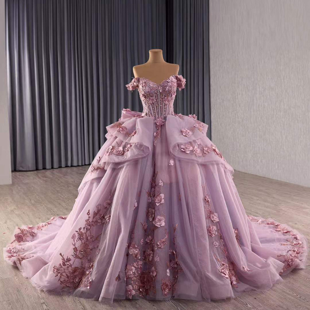 TW096 Vestidos De 15 Años Quinceañera Sweetheart Off Shoulder Bow Appliques Lace Up Back Purple Dress For Special Occasions