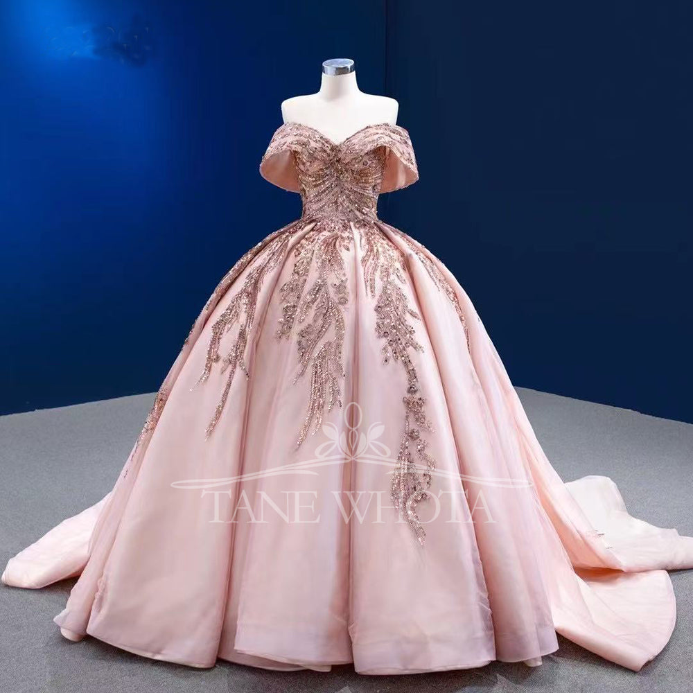 TW308 15 Quinceañera Sweetheart Off Shoulder Lace Up Back Embroidery Sequined Customized Pink Luxury Long Dress