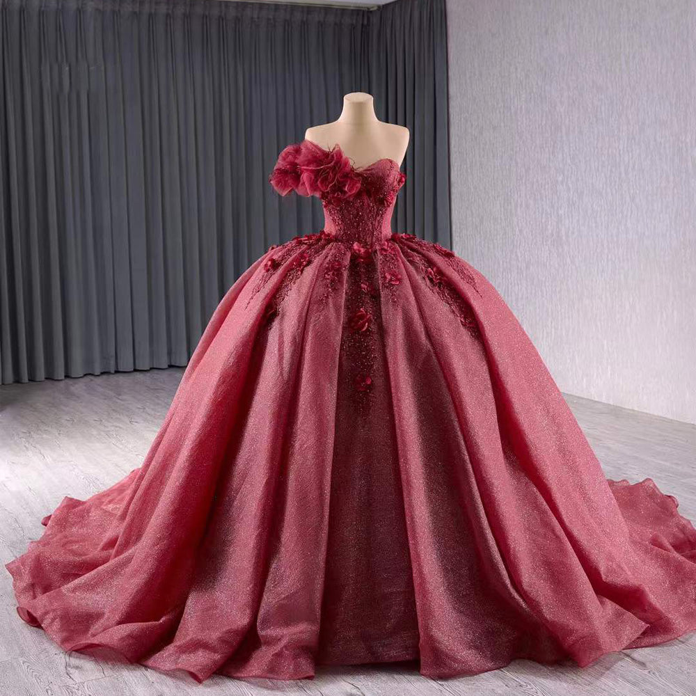 TW193 Vestido Para Quinceañera Luxury One Shoulder Flower Lace Up Back Beading Red Glitter Long Evening Dress For Special Occasions