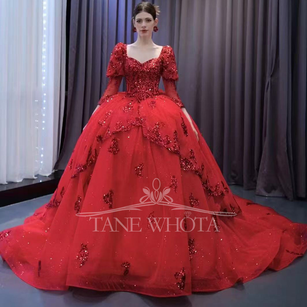 TW564 Red Sweetheart Quinceanera Dress With Long Sleeves Lace-Up Back Sequined Bow - Customizable Prom Dress