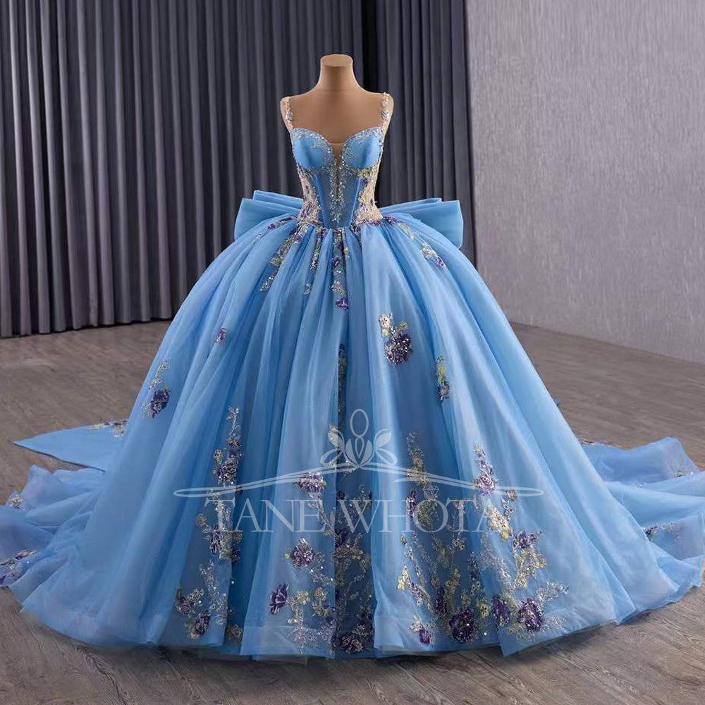 TW571 Customizable Sequined Embroidery Bow Prom Dress For 15 Quinceanera Spaghetti Straps Sleeveless Lace-Up Back Dress