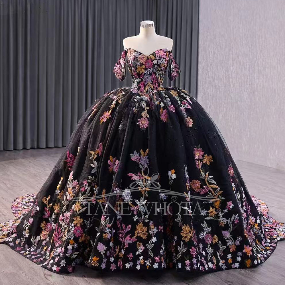 TW505 Black Lace Quinceanera Dress With Off-Shoulder Flowers Sweetheart Lace-Up Back Embroidery Ball Gown For Girls