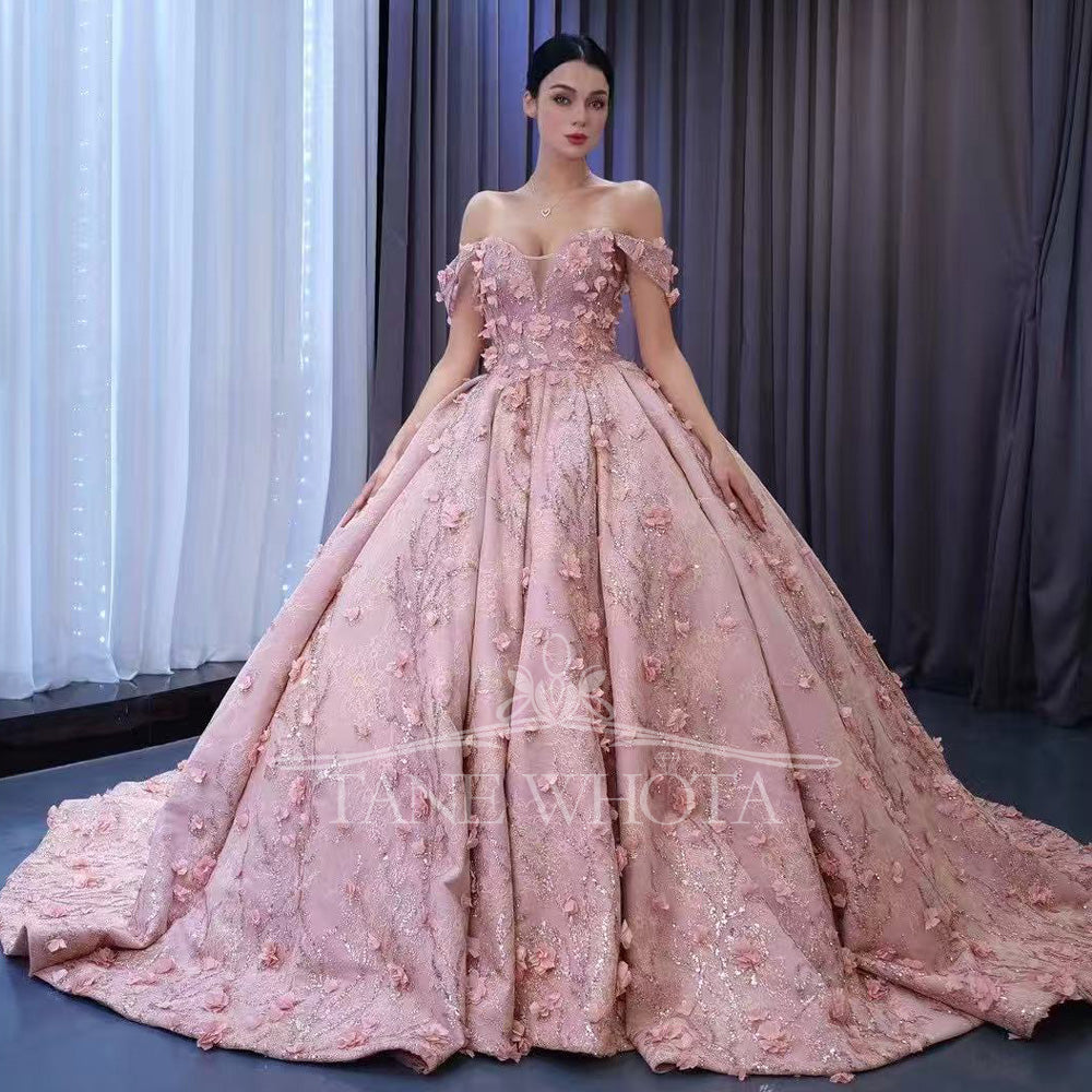 TW490 15 Quinceanera Pink Ball Gown Off-Shoulder Sweetheart Lace-Up Back Embroidery Appliques Sequined Customized Dress For Girls